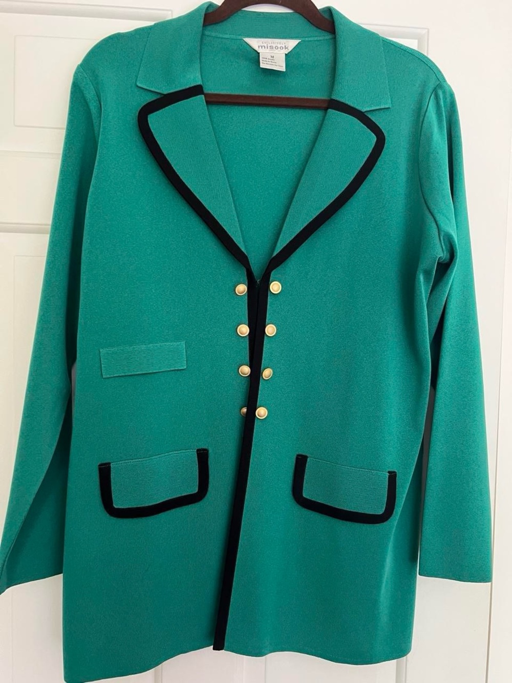 Misook Teal Long Blazer with Black Trim and Gold Buttons